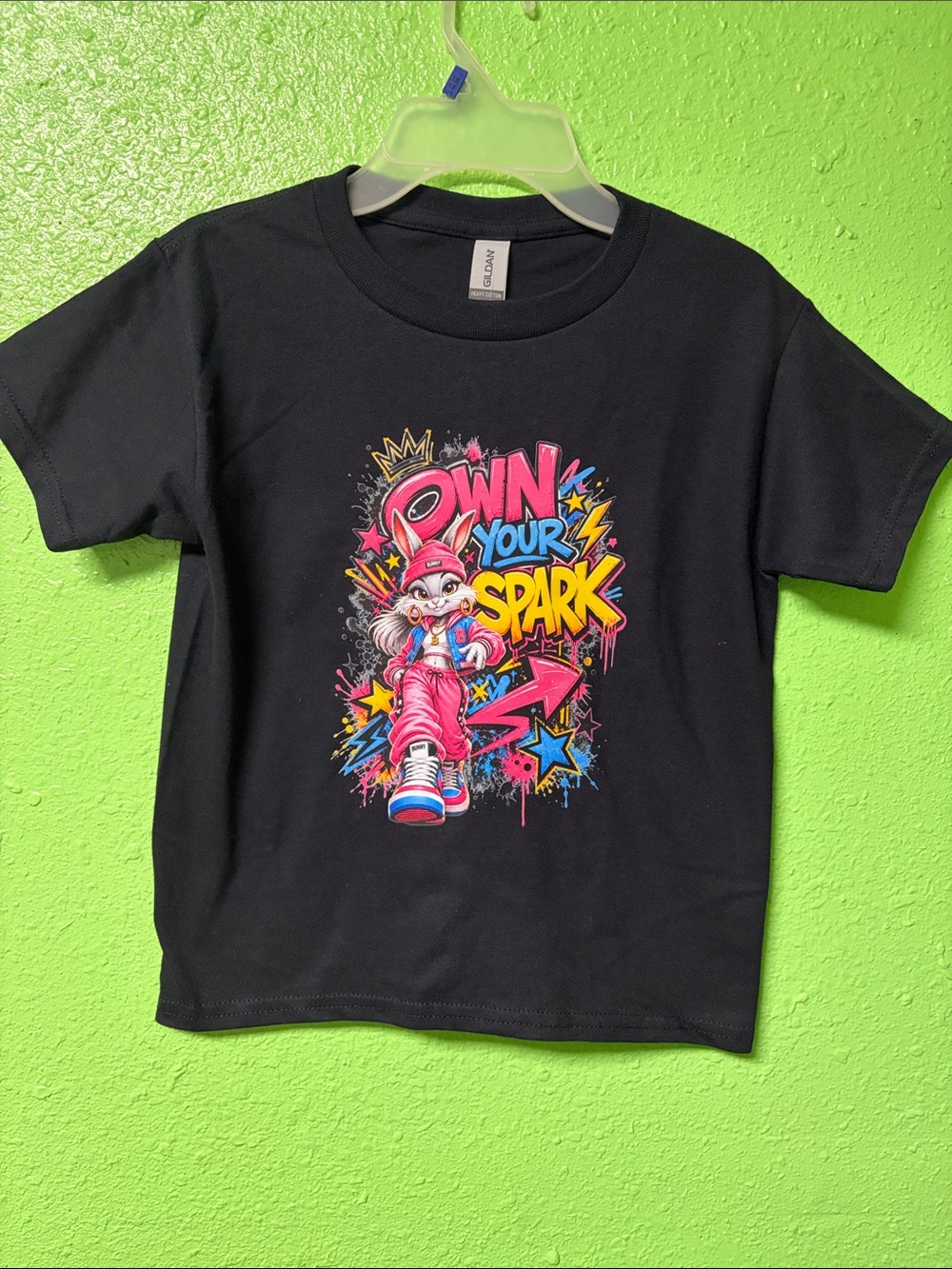 Gildan Black Kids "Own Your Spark" Graphic Tee with Pink & Yellow Accents